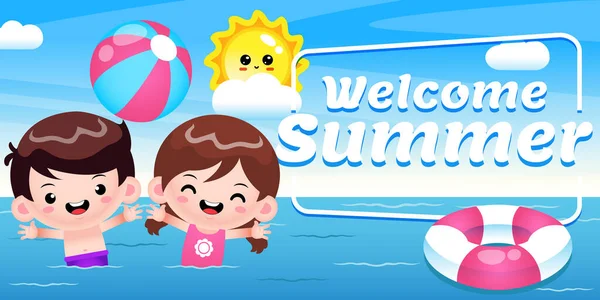 Happy Cute Kids Playing Beach Ball Sea Summer Greeting Banner — 스톡 벡터