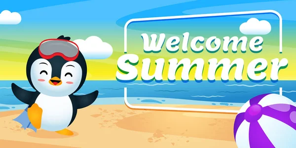 Illustration Vector Happy Cute Penguin Prepare Diving Summer Greeting Banner — Stock Vector