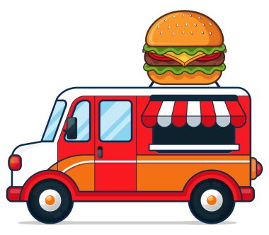 Hamburger Yemek Kamyonu Vektörü 'nün çizim vektör grafiği. Yemek broşürleri, çocuk kitabı kapağı, resimli kitaplar, duvar kağıtları, çocukların broşürleri, bulmacalar, oyun örnekleri ve benzeri şeyler için mükemmel..