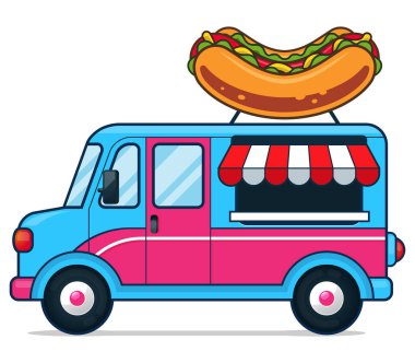 Hot Dog Food Truck Vector 'un çizim vektör grafiği. Yemek broşürleri, çocuk kitabı kapağı, resimli kitaplar, duvar kağıtları, çocukların broşürleri, bulmacalar, oyun örnekleri ve benzeri şeyler için mükemmel..