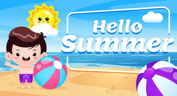 Illustration Vector Happy Cute Boy Summer Greeting Banner Inglês Perfeito — Vetor de Stock