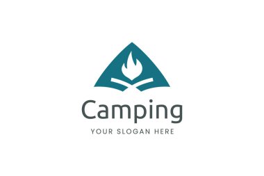 Çadır şekli ve şenlik ateşiyle basit bir kamp logosu.