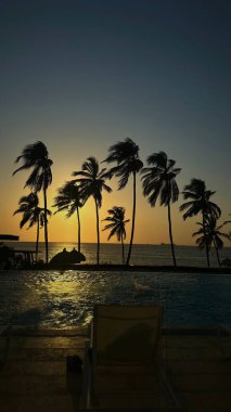 Karayip Denizi üzerinde gün batımı, ön planda palmiye ağaçları, sahilde
