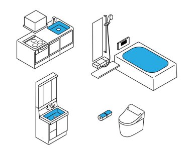 Tuvalet, banyo, mutfak, su ekipmanları çizim seti.