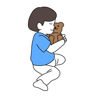 Doldurulmuş bir oyuncakla bir çocuğun resmi.