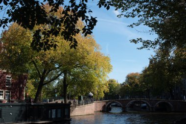 Amsterdam 'da sonbahar ve şehir kanalları 