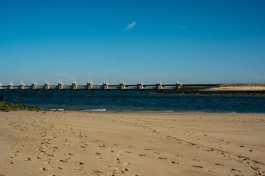 Deltawerk yakınlarında deniz kenarında rüzgar türbini.