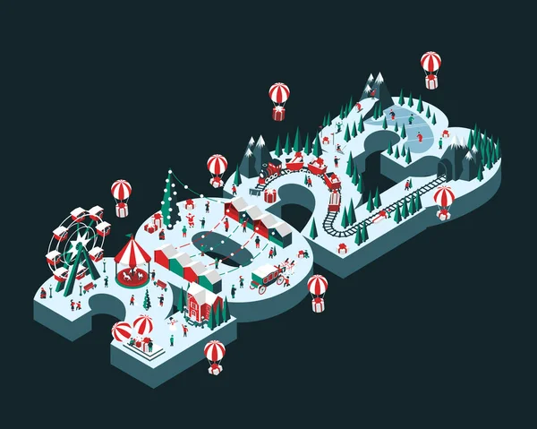 2023 yılının teması vektör illüstrasyonu. Isometric tarzı. Mutlu insanlar eğleniyor ve kış tatillerini kutluyorlar. Poster, afiş ve tebrik kartı için.