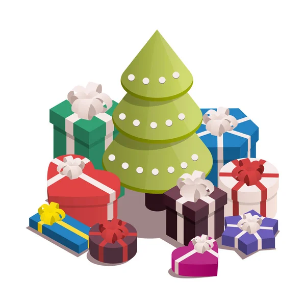 Illustration Vectorielle Isométrique Pour Noël Nouvel Arbre Noël Avec Cadeaux — Image vectorielle