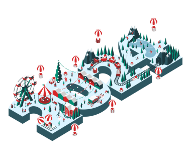 2024 yılının yeni yıl resmedilmesi. Isometric tarzı. Mutlu insanlar eğleniyor ve kış tatillerini kutluyorlar. Poster, afiş ve tebrik kartı için..