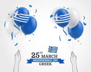 Yunan Bağımsızlık Günü. Yunanistan bayrağını balon şeklinde tutan eller. Vektör İllüstrasyonu