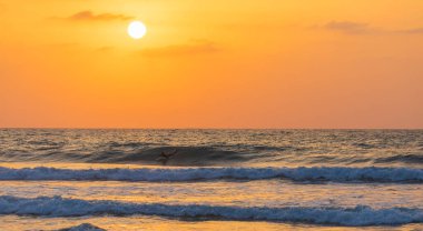 ISRAEL, Herzliya - 05 Ekim 2022: Dalgayı bekleyen sörfçü