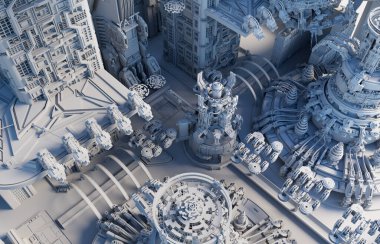 Fantastik yüksek teknoloji şehri. 3d hazırlayıcı