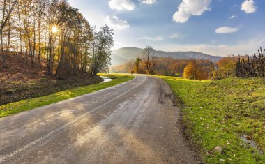 Asfalt yolu dağlardaki sonbahar ormanlarından geçiyor.