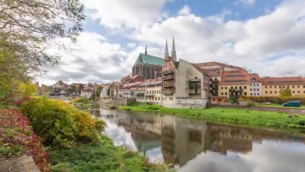 Gorlitz Duitsland Oude Stad Weerspiegelt Rivier Time Lapse Video — Stockvideo