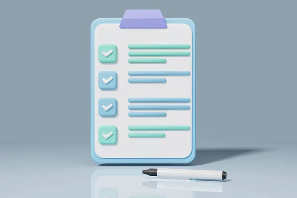 Clipboard with checklist and checked ticks on blue background - 3d renderin