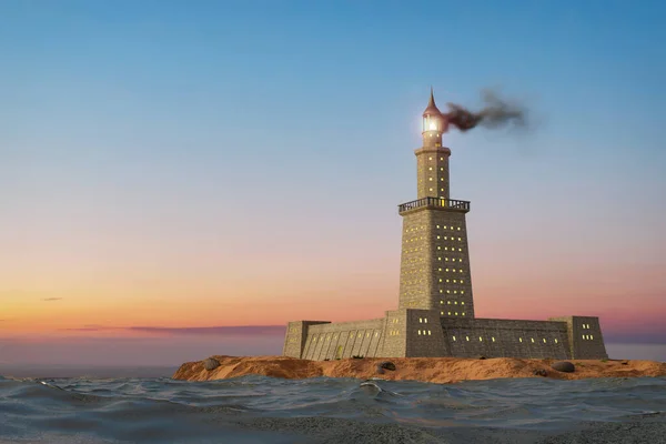 古代世界の七不思議の一つであるファロス島のアレクサンドリア灯台の3D可視化 3Dレンダリング — ストック写真