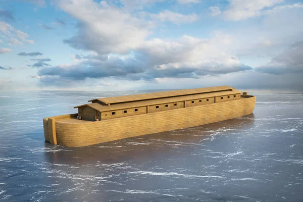 ノアの箱舟が世界の洪水の水に漂う 3Dレンダリング — ストック写真