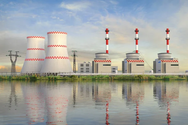 Kjernekraftverk Med Kjøletårn Flere Reaktorblokker Som Reflekteres Vann Gjengivelse – stockfoto