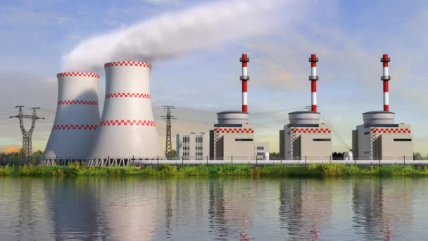 冷却塔と複数の原子炉を備えた原子力発電所 シームレスなループ可能な3Dアニメーション — ストック動画