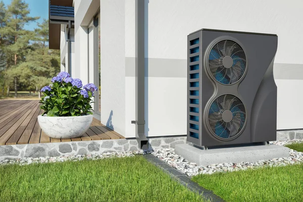 Double Size Black Heat Pump Stays Wall Cottage Rendering — Stock Photo, Image