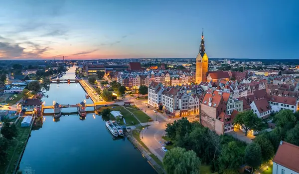 Stock image Elblag, Poland. Aerial view of historic city center. Old town with St. Nicholas Cathedral at dusk