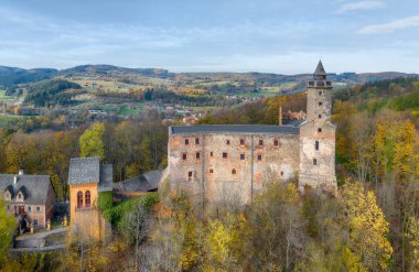 Aerial view of Grodno castle (Zamek Grodno) in Zagorze Slaskie, Poland clipart