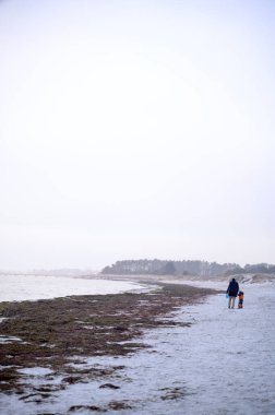 Bir baba ve bir çocuk kışın sahilde Lomma İsveç 2025. Yüksek kalite fotoğraf