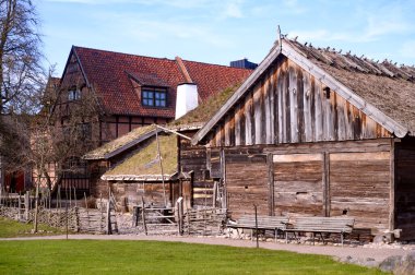 Lund İsveç 'teki Kulturen Müzesi. Tarihi binalar ve 1930 'ların eski zamanlarındaki hayat. Yüksek kalite fotoğraf