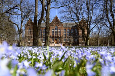 Nisan 2025 'te Lund Üniversitesi Kütüphanesi. Skane İsveç. Yüksek kalite fotoğraf