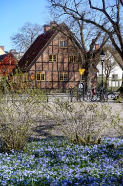 Lund, İsveç, Skane, Nisan 2025 'te eski binaların olduğu bir cadde. Yüksek kalite fotoğraf