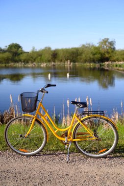 Göl veya göl kenarında güzel sarı bir bisiklet. Bahar ya da yaz doğası, Lund, Skane, İsveç 2025. Yüksek kalite fotoğraf