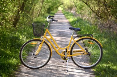 Yeşil bir sokakta ya da yolda sarı bir bisiklet. Bakış açısı. İlkbahar, yaz doğası Lund İsveç. Yüksek kalite fotoğraf