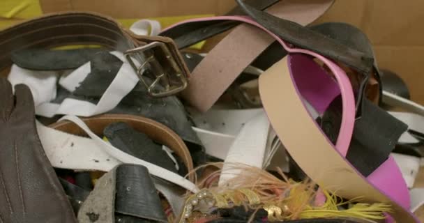 Scattered Clothes Consequences War Destroyed House Gloves Belt Fabrics Old — Vídeo de Stock