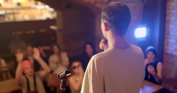 Motivation Audience Stage Back Artist Microphone Hands Moves His Body — Video