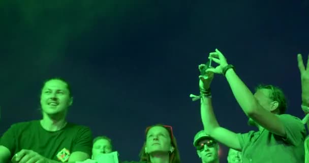 Group Ravers People Dancing Green Light Move Bodies Arms Creating — Video