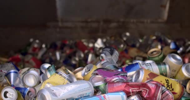 金属廃棄物 缶の容器コレクション モバイル廃棄物分類ポイントでゴミを分類します 閉めろ リサイクルのために輸送される前にアルミ飲料缶 Milovice — ストック動画