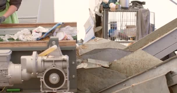 Conveyor Belt Takes Pieces Garbage Recycling Workers Hands Put Items — Wideo stockowe