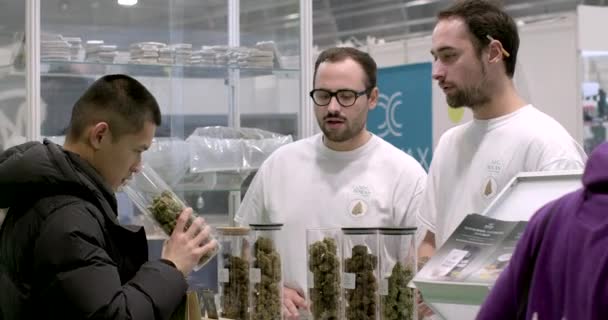 Man Tries Cbd Products Exhibition Selling Medicinal Plants Marijuana Products — Vídeo de Stock