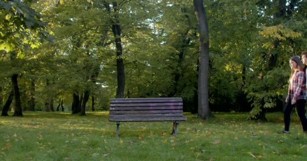 公園を歩いている2人の友人は 会話中にベンチに座る 個人間のコミュニケーション情報 アイデアの感情は 人々の間で口頭で交換されます9 プラハ ストロフカ — ストック動画