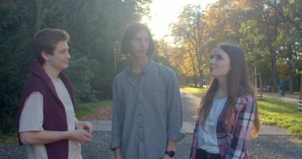 若者を伝える肖像画 公園で２人の男の子が話してる 愛の三角形 3人の関係で効果的なコミュニケーション 学生生活のロマンス プラハ ストロフカ — ストック動画