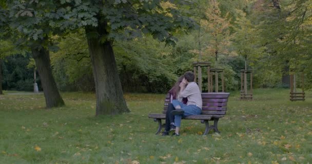 デート中の女子校生とキスする男学生関係 キスは感情的にパートナーを接続する方法です 単純な物理的な行為は 親密瞬間を点火することができます 屋外だ プラハ ストロフカ — ストック動画