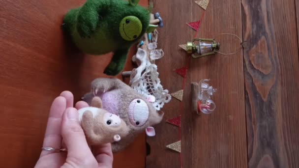 Happy Family Woolen Toys Expecting Baby Human Hand Take Newborn — ストック動画