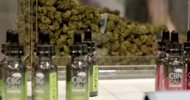 Cbd Oil Bottles Closeup Organic Oils Made 100 Percent Organic — Vídeo de Stock