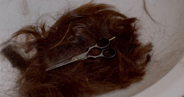 Long hair cut off with scissors before military service. The remains of long hair after a short haircut. Camera movement.