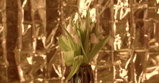 Ramo Flores Tulipán Fondo Dorado Barril Las Hojas Verdes Sobresalen — Vídeos de Stock