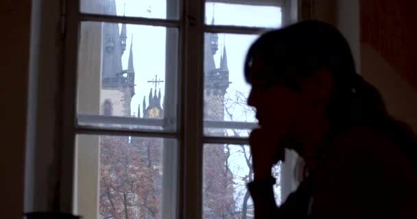Portrait Dark Silhouette Young Woman Window Towers Prague Medieval Architecture — Stock Video