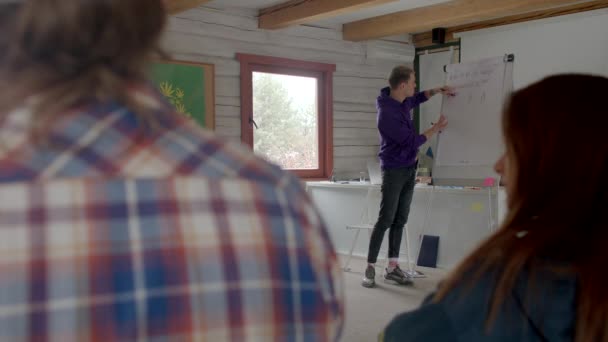 教育プログラムのインタラクティブなプレゼンテーション 男性調停員は左手で紙のフリップチャートに書いている 2023ラックナイ リトアニア — ストック動画