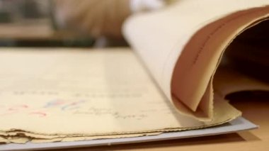 Eski arşiv belgelerini yakın çekimde eller sararmış sayfaları çevirir. Araştırmacı genetik soy ağacı. Soy bilimciler, tarihçiler için kaynaklar. Uygun arşiv materyallerini seç ve kullan.