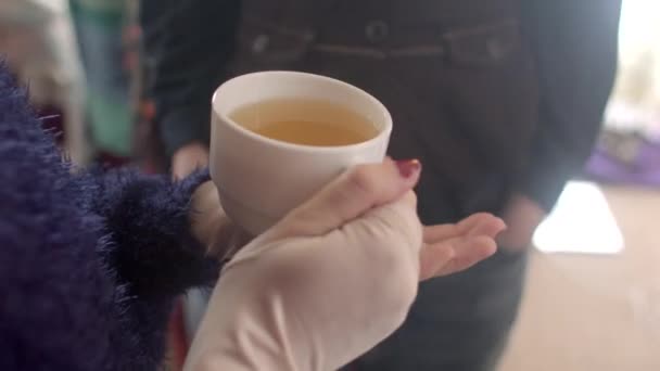 Mug Tea Womans Hand Holds Hot Drink Steam Rises Manicure — Stock Video